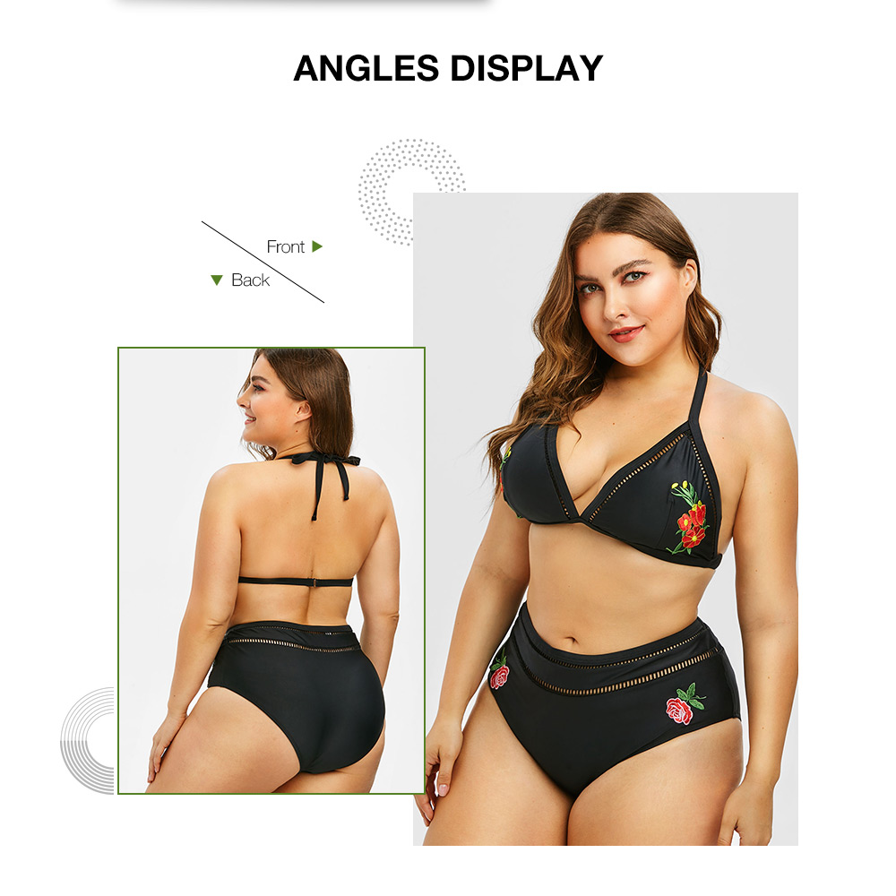Floral Embroidery Plus Size Triangle Bikini Set