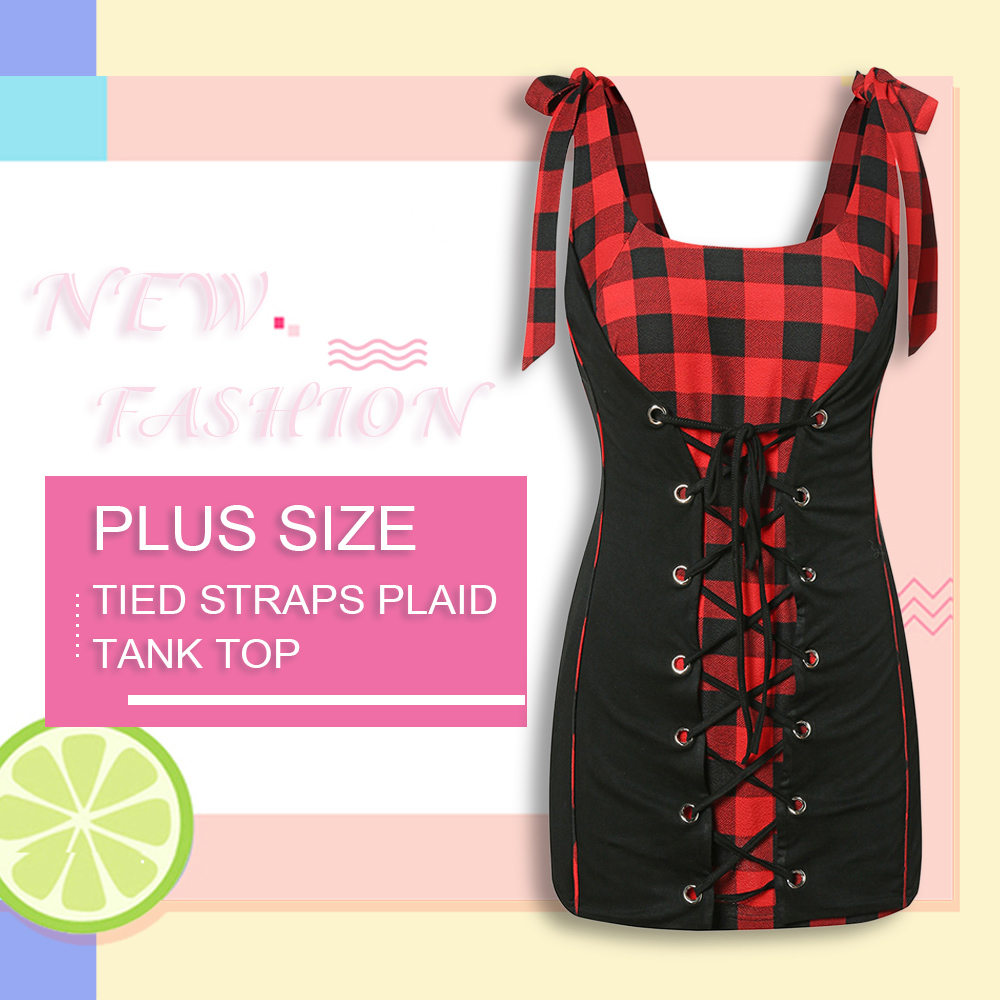 Plus Size Tied Straps Plaid Tank Top