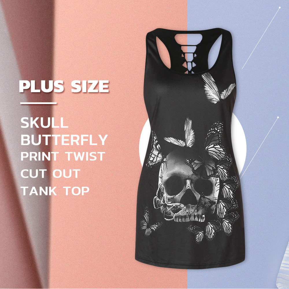 Plus Size Skull Butterfly Print Twist Cut Out Tank Top