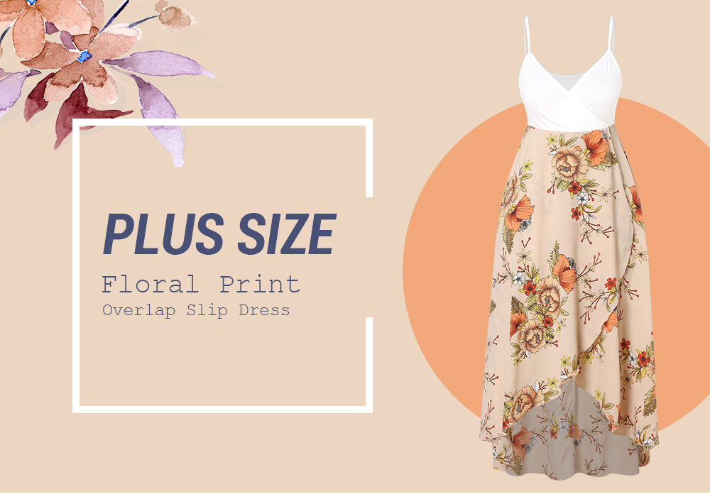 Plus Size Floral Print Overlap Slip Dress