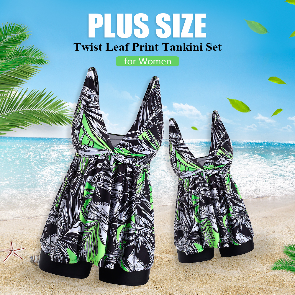 Plus Size Twist Leaf Print Tankini Set
