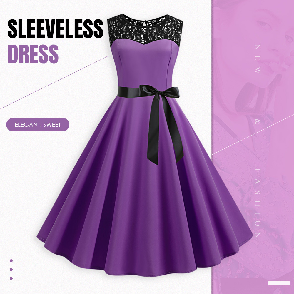 Dress Spliced Lace Bowknot Sleeveless Big Hem