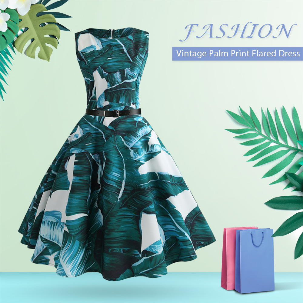 Vintage Palm Print Flared Dress