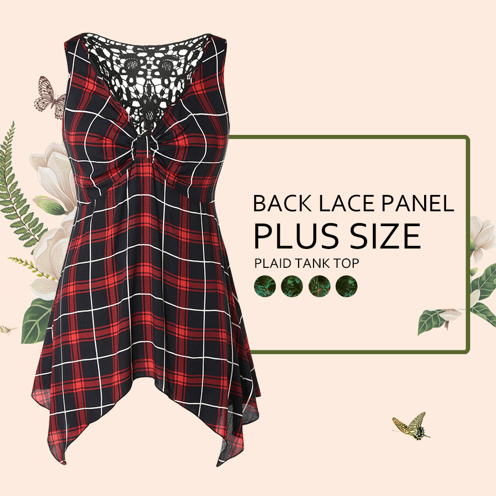 Plus Size Plaid Back Lace Panel Tank Top