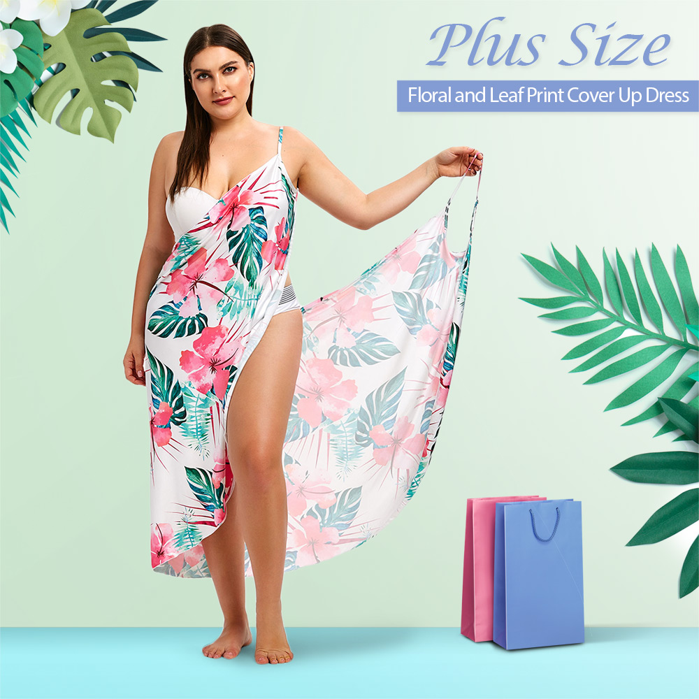 Plus Size Floral and Leaf Print Cover Up Dress