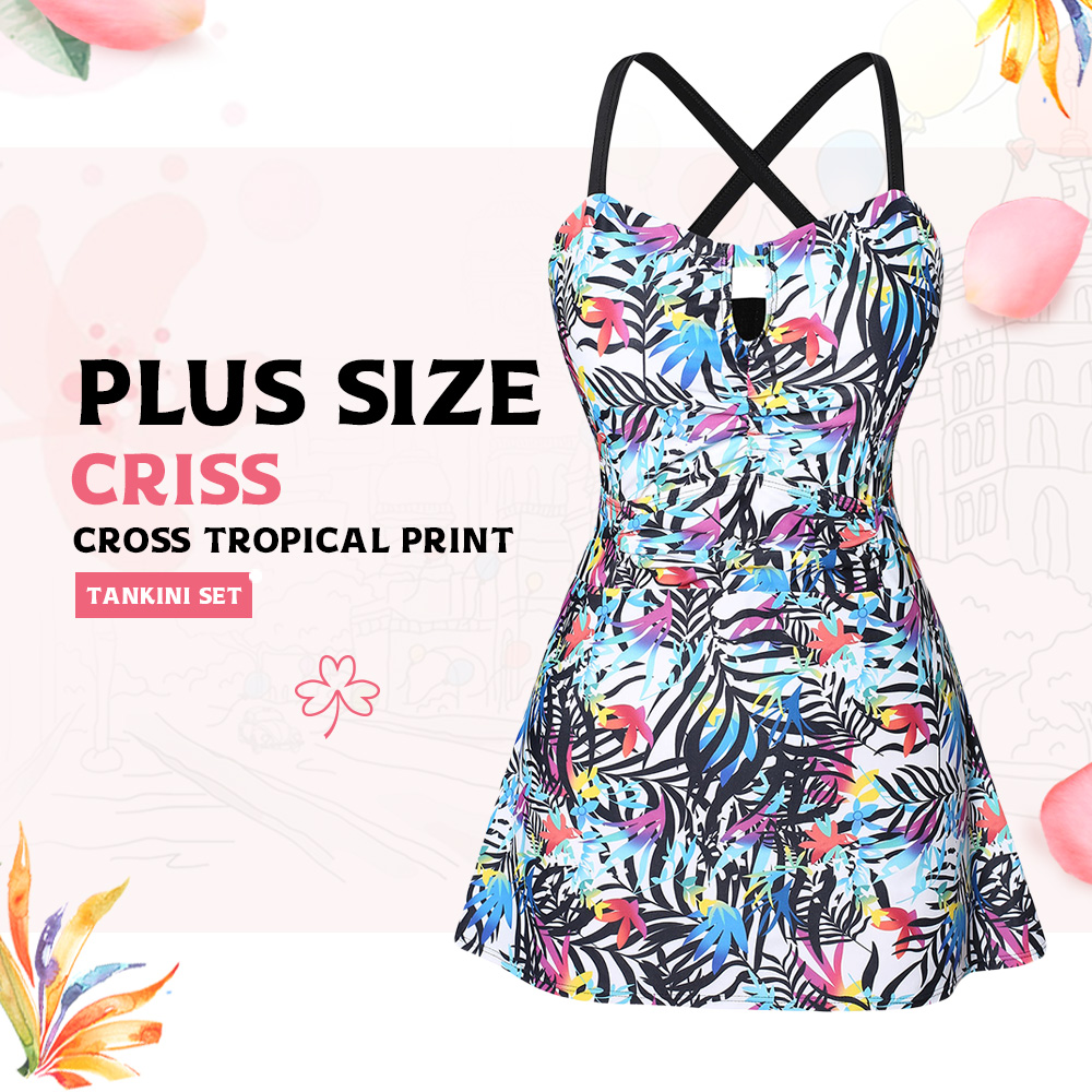 Plus Size Criss Cross Tropical Print Tankini Set