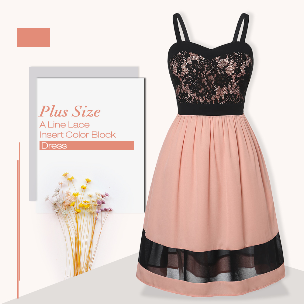 Plus Size A Line Lace Insert Color Block Dress
