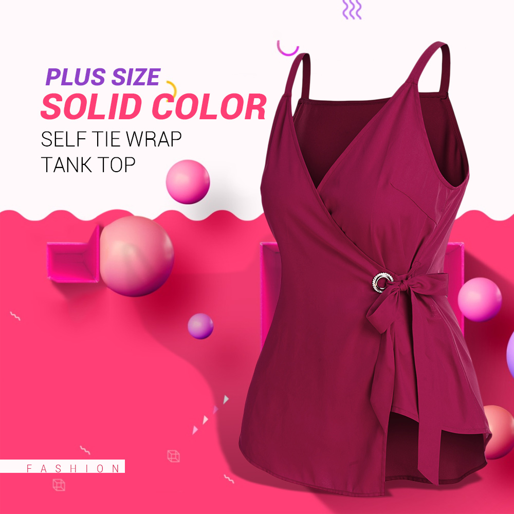Plus Size Solid Color Self Tie Wrap Tank Top