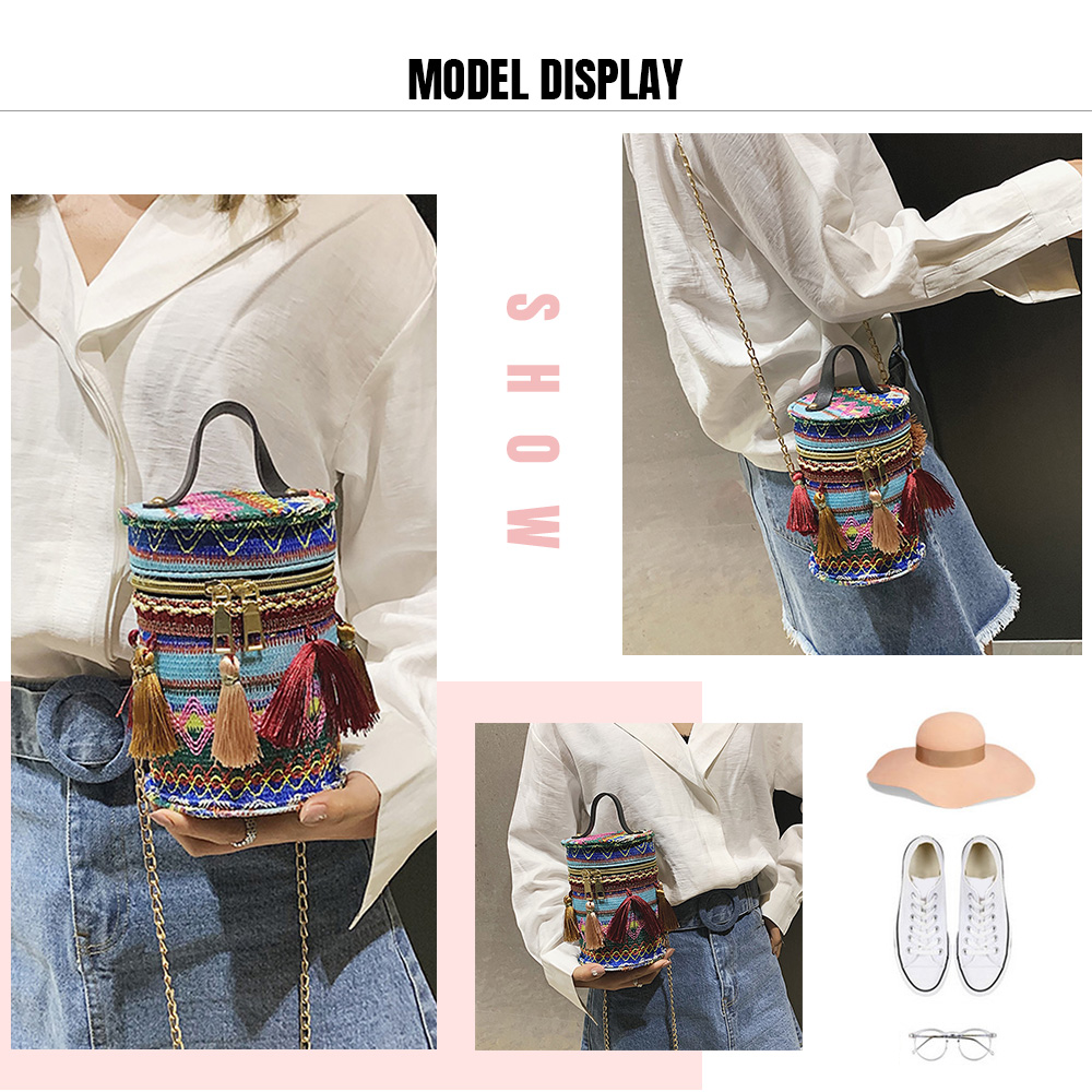 Guapabien Embroidery Tassel Women Bucket Bag Crossbody Chain Strap