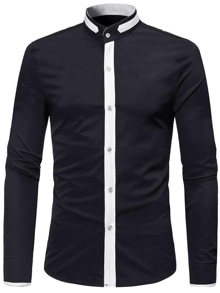 Stand Collar Color Block Casual Shirt - Black - 3483976916